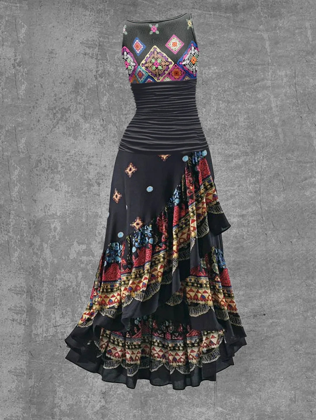 Round Neck Pleated Waist Geometric Print Tiered High Low Maxi Dress 2