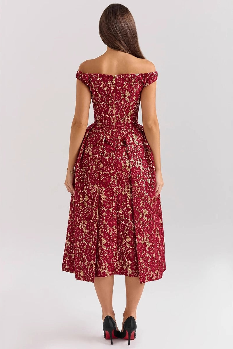 Floral Lace Off Shoulder Corset Bodice Pleated Fit and Flare Mini Dress 5