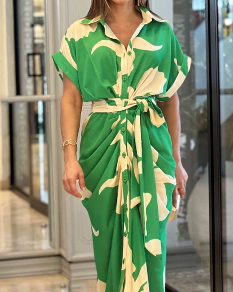 Abstract Leaf Print Collared Button-Front Tie-Waist Ruched Skirt Midi Shirt Dress 2