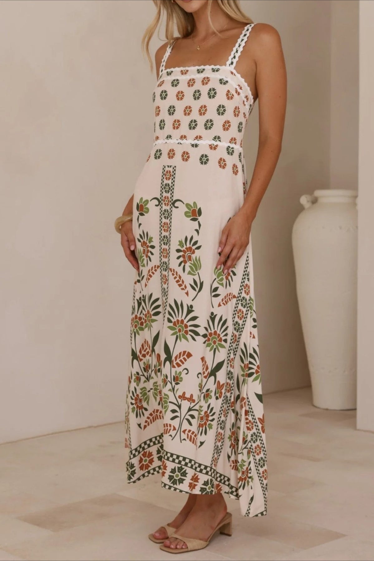 Scalloped Trim Square Neck Panel Print Border Hem Maxi Dress 8