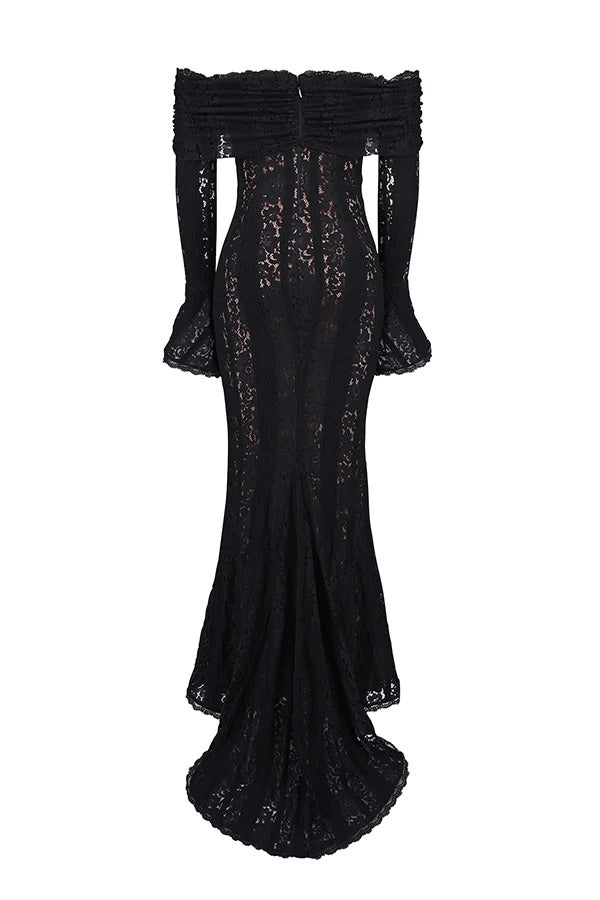 Floral Lace Off Shoulder Bell Sleeve Mermaid Maxi Dress 19