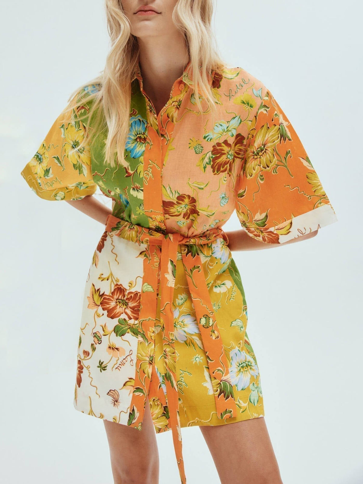 Floral Patchwork Collared Belted Button Front Mini Dress 2