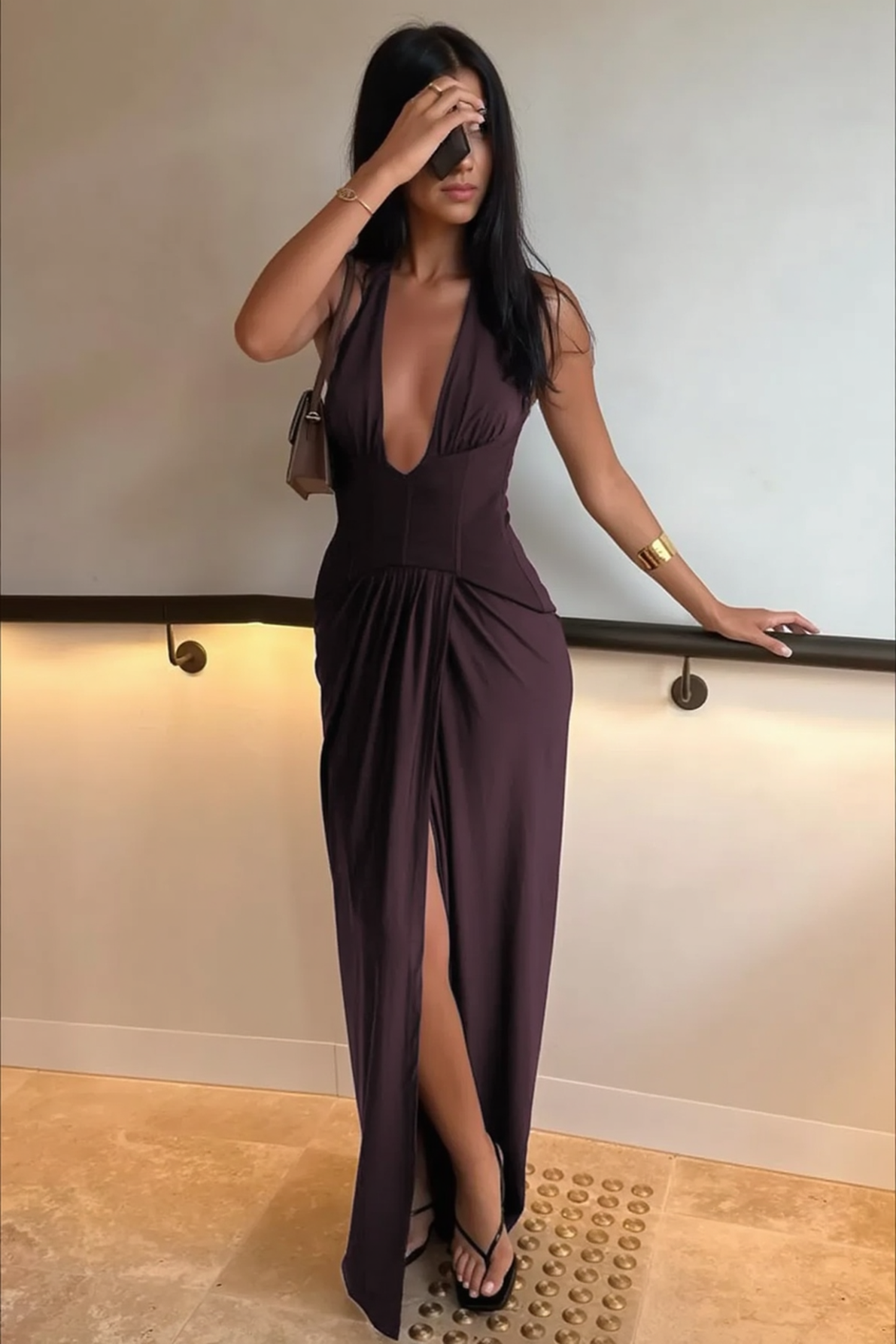 Halter Plunging V Front Drape High Slit Maxi Dress 2