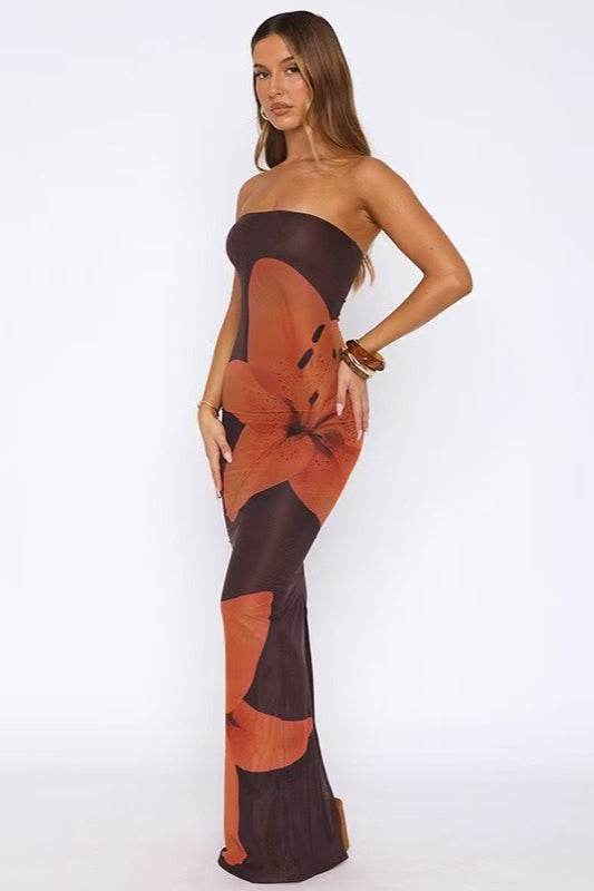 Strapless Oversized Floral Print Bodycon Floor Length Maxi Dress 2