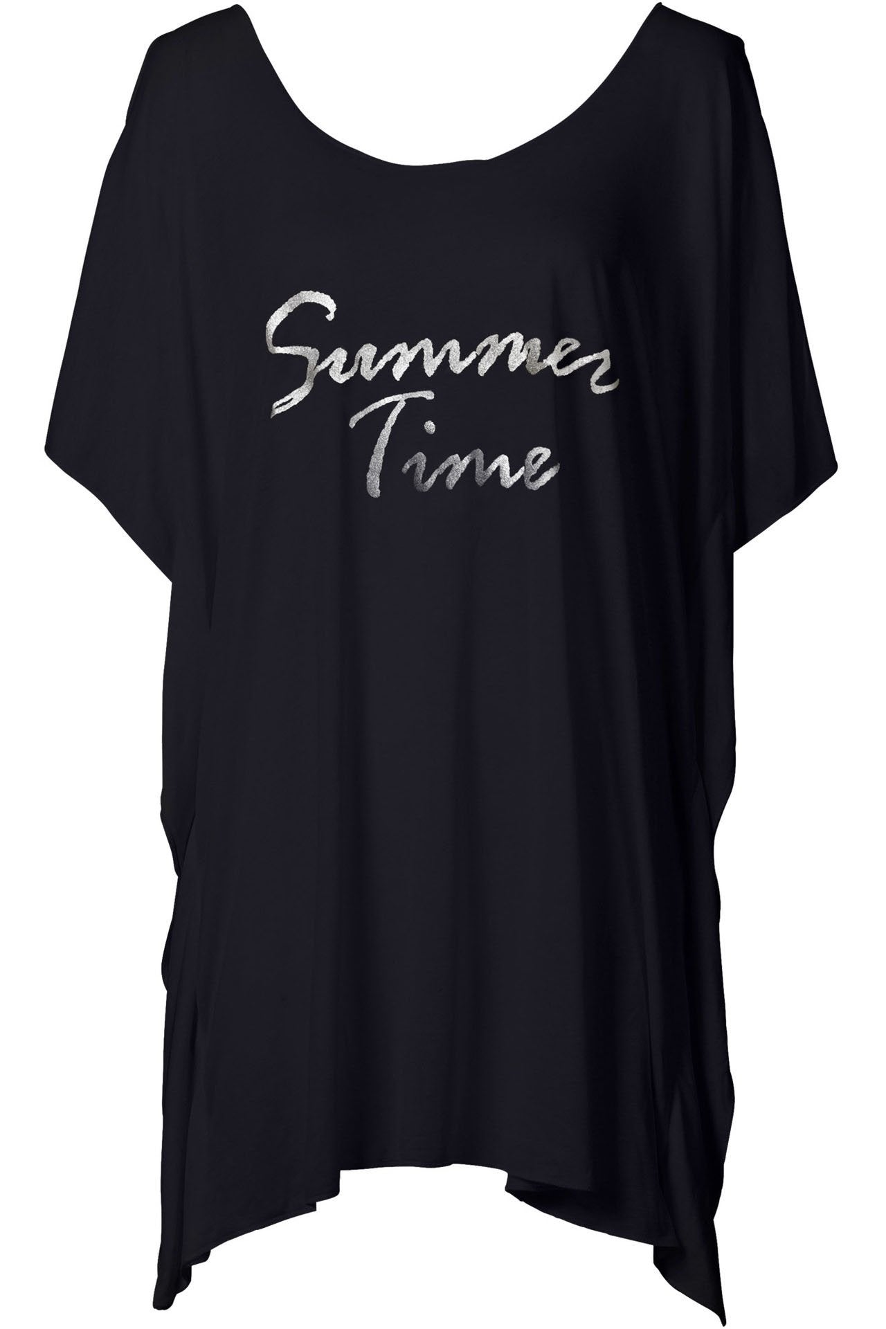 Black Cold Shoulder Letter Print Asymmetric T Shirt Dress Beach Cover Up
