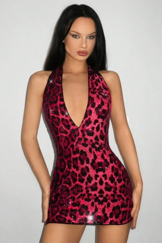 Print Sequin Halter Deep V-Neck Bodycon Mini Dress
