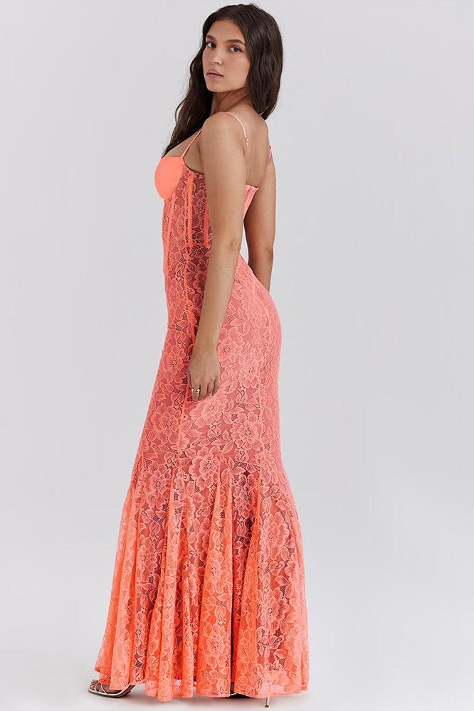 Lace Floral Corset Spaghetti Strap Mermaid Maxi Gown 6