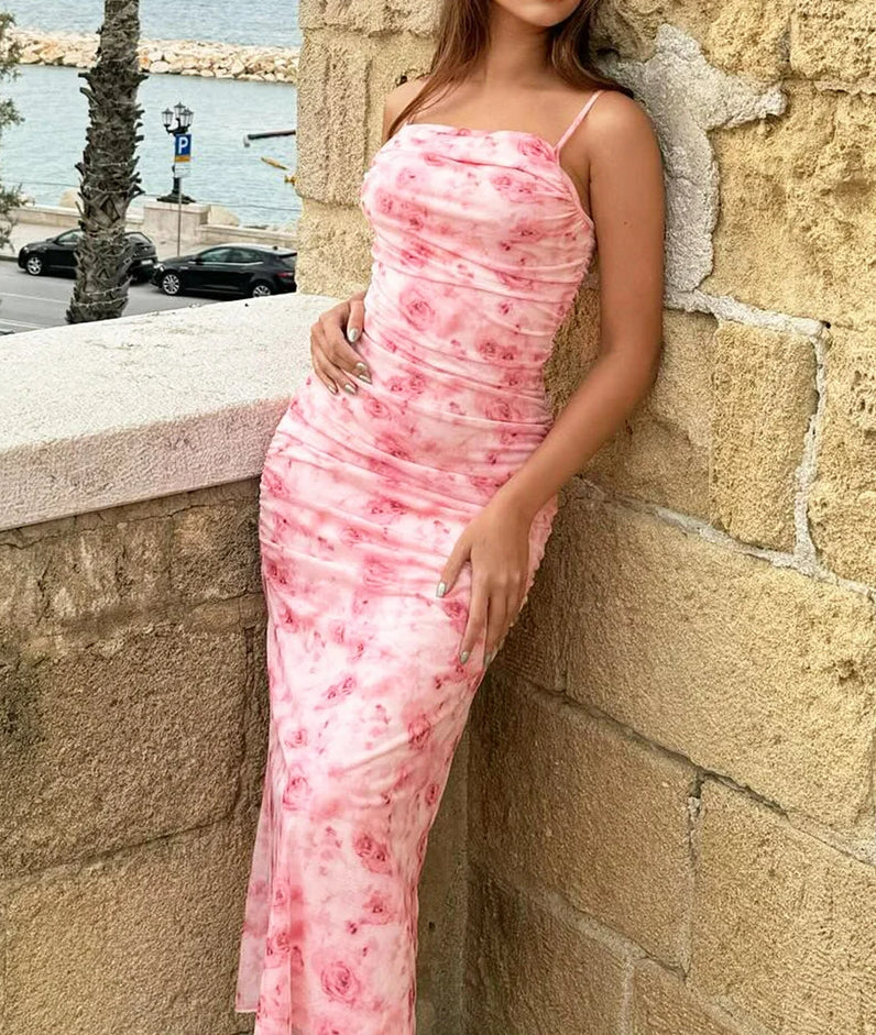 Ruched Floral Print Square Neck Spaghetti Strap Bodycon Midi Dress 3
