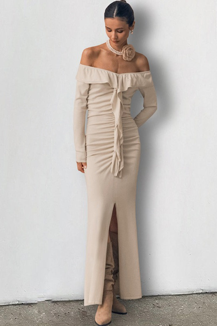 Off Shoulder Sweetheart Ruffle Flounce Long Sleeve Ruched Front Slit Midi Dress 2