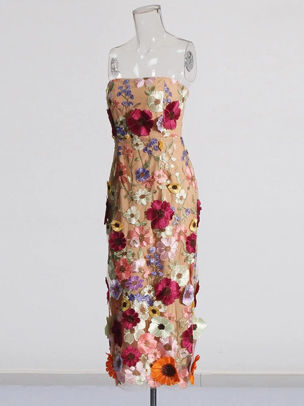 Strapless 3D Floral Applique Embroidered Garden Mesh Overlay Column Midi Dress 9