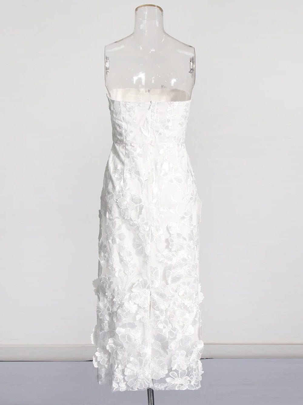 Strapless 3D Floral Applique Embroidered Garden Mesh Overlay Column Midi Dress 5