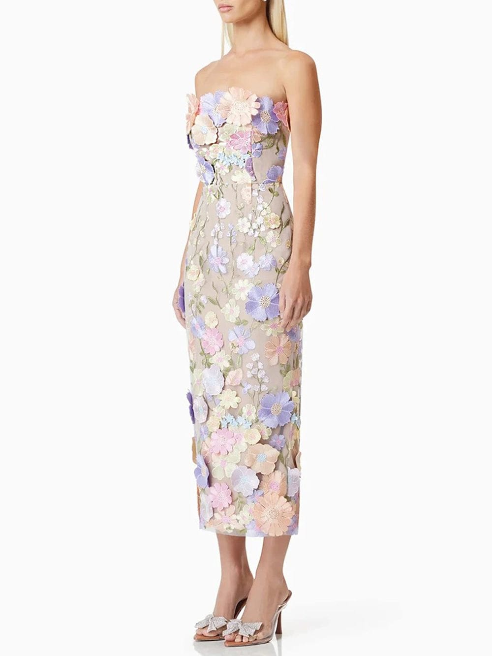 Strapless 3D Floral Applique Embroidered Garden Mesh Overlay Column Midi Dress 3