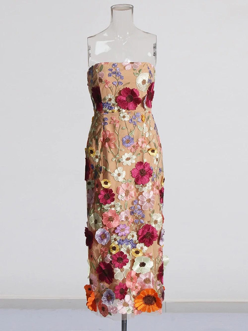 Strapless 3D Floral Applique Embroidered Garden Mesh Overlay Column Midi Dress 7