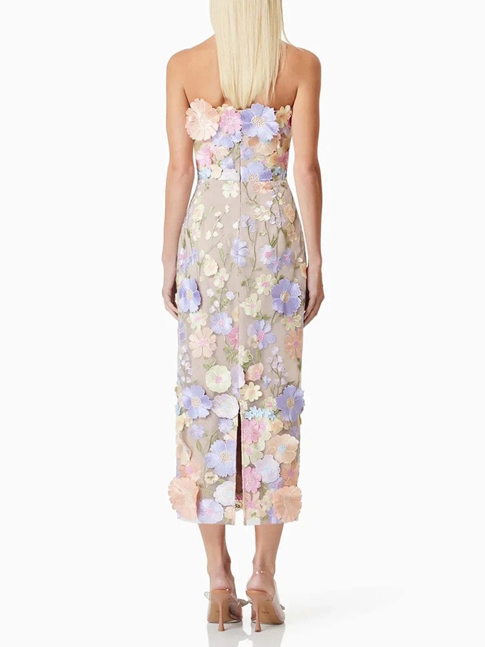 Strapless 3D Floral Applique Embroidered Garden Mesh Overlay Column Midi Dress 2