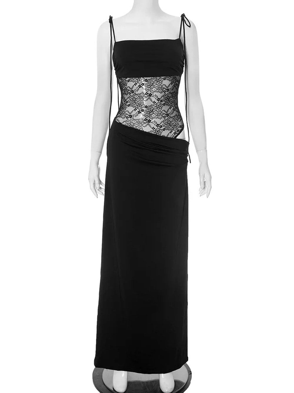Floral Lace Panel Hip Cutout Spaghetti Strap Bodycon Maxi Dress 2
