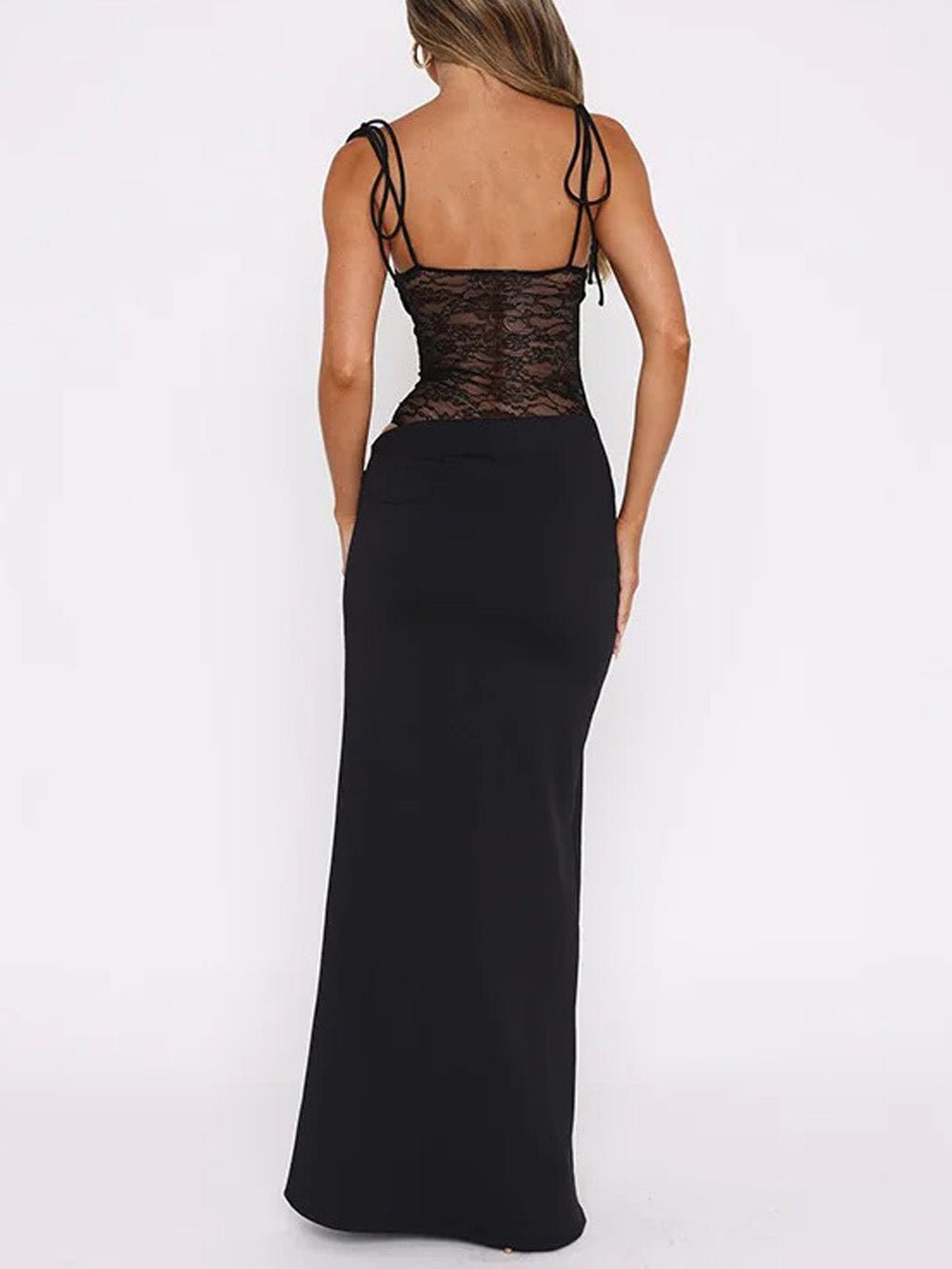 Floral Lace Panel Hip Cutout Spaghetti Strap Bodycon Maxi Dress 3