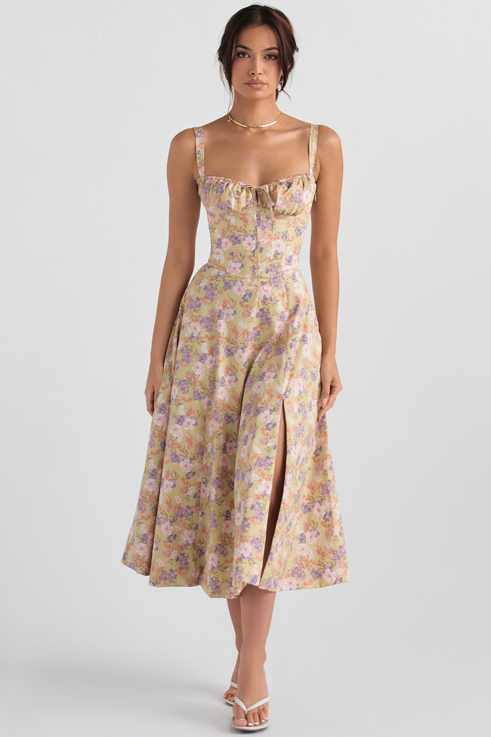 Floral Lace Up Back Spaghetti Strap Corset Fit and Flare Midi Dress 25