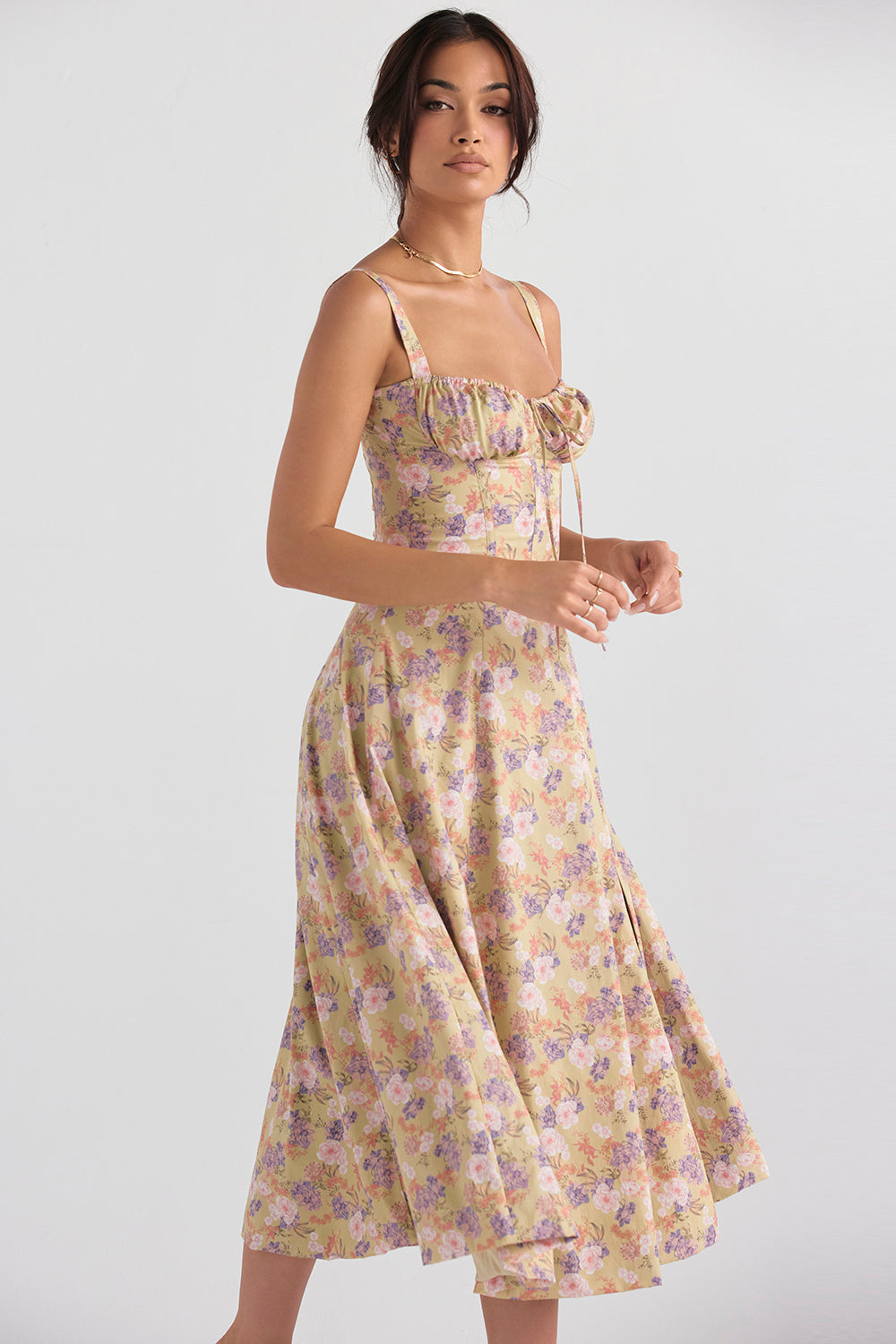 Floral Lace Up Back Spaghetti Strap Corset Fit and Flare Midi Dress 2