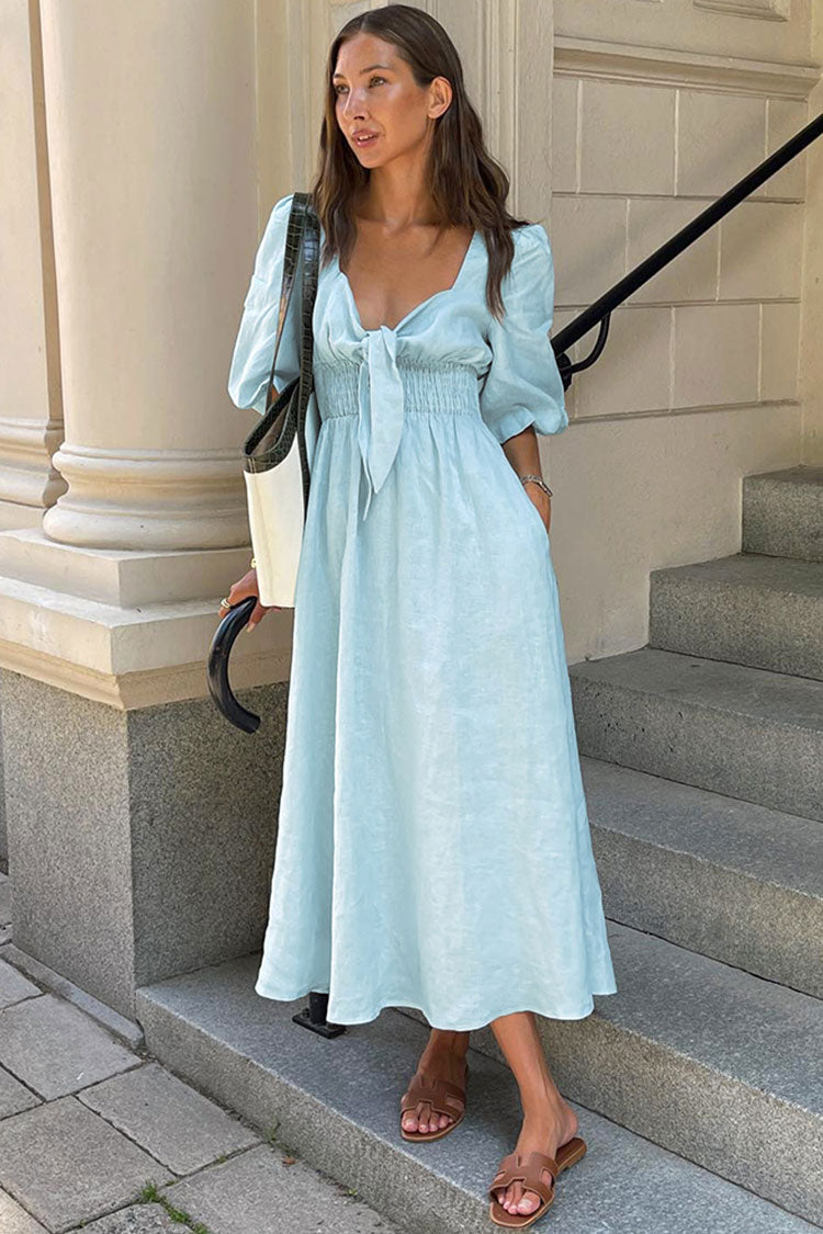 V Neck Tie Front Puff Sleeve Smocked Waist Linen Midi Dress 3