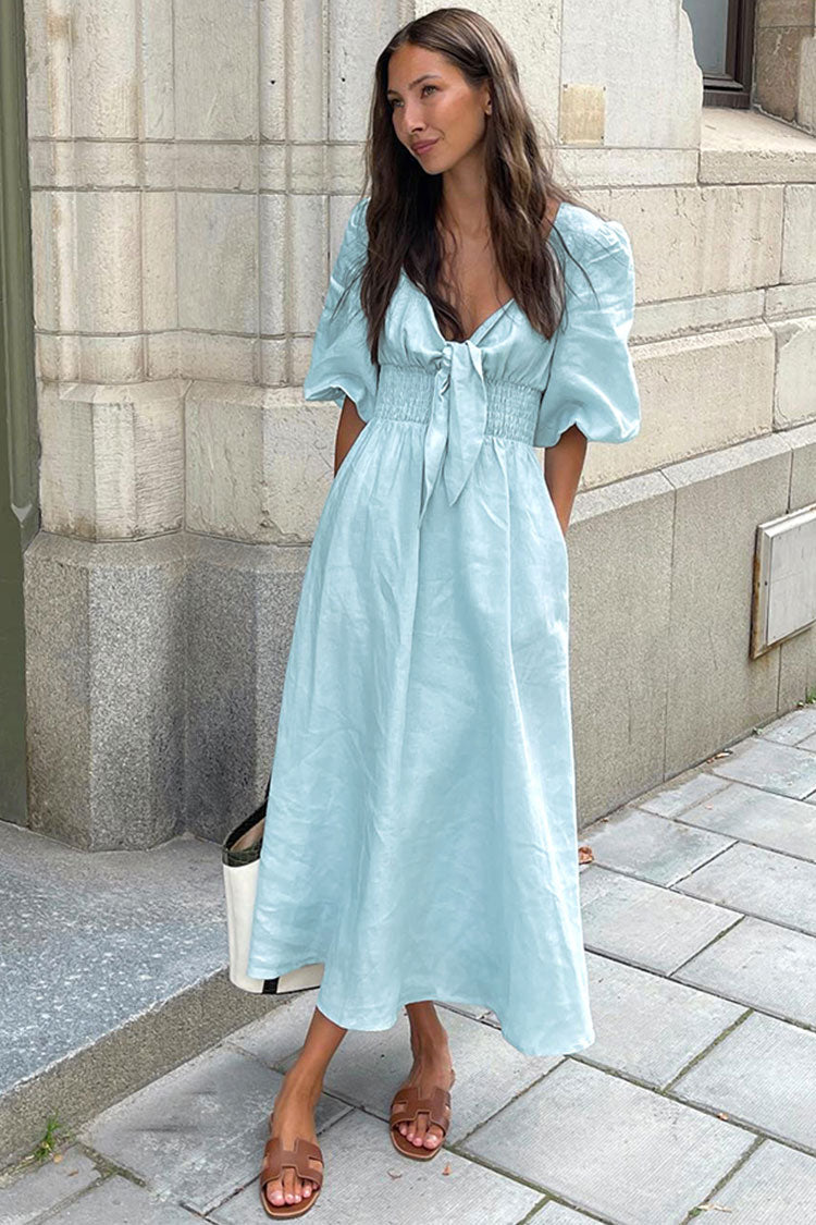 V Neck Tie Front Puff Sleeve Smocked Waist Linen Midi Dress 2
