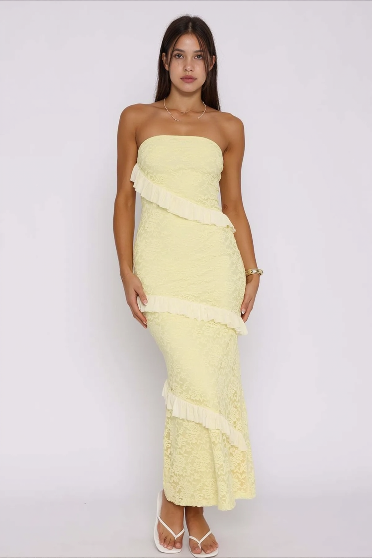 Strapless Diagonal Ruffle Overlay Floral Lace Bodycon Midi Dress 5