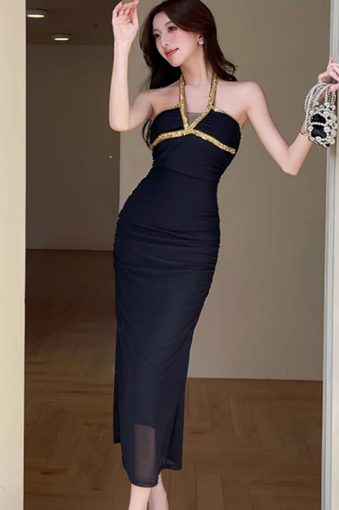 Rhinestone Halter Neck Ruched Gathered Mesh Bodycon Maxi Dress