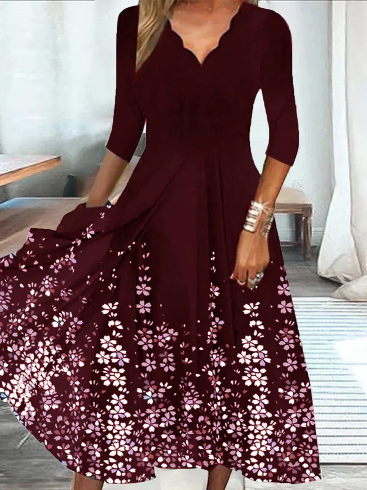 Scalloped V-Neck Three-Quarter Sleeve Floral Border Print A-Line Midi Dress 3