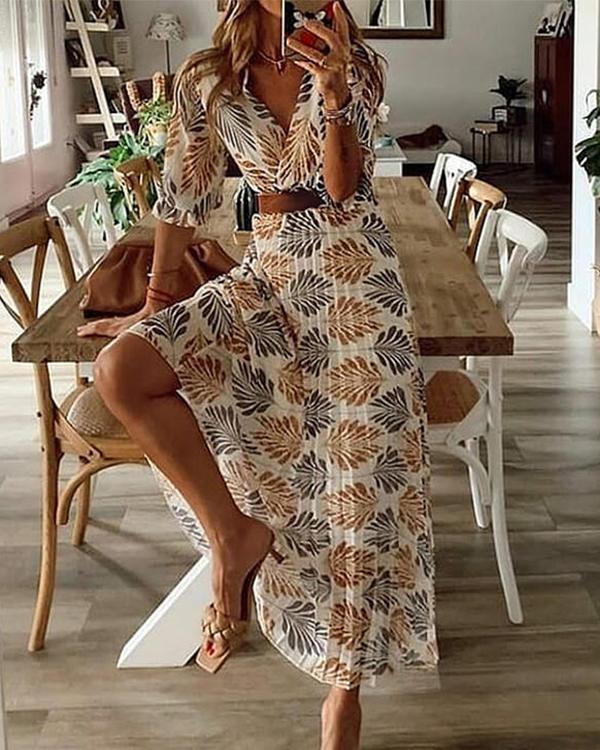 Tropical Palm Print Wrap Crop Top Pleated Maxi Skirt Set