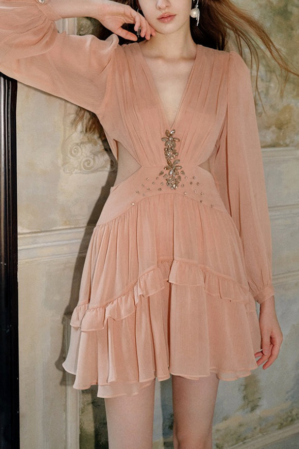 Rhinestone Deep V-Neck Bishop Sleeve Cut Out Waist Tiered Chiffon Mini Dress 3