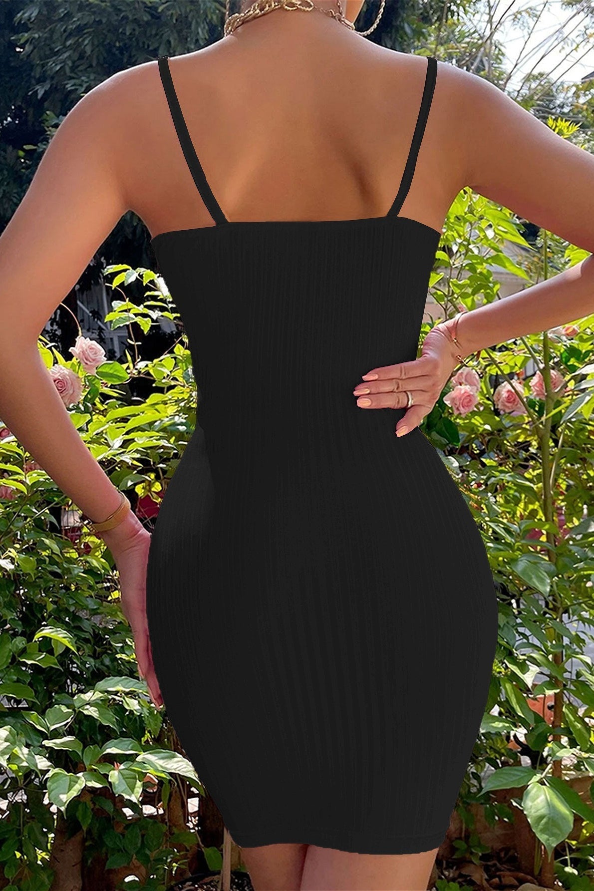 Ribbed Knit Tie-Front Keyhole Ruffle Neck Spaghetti Strap Mini Dress 6