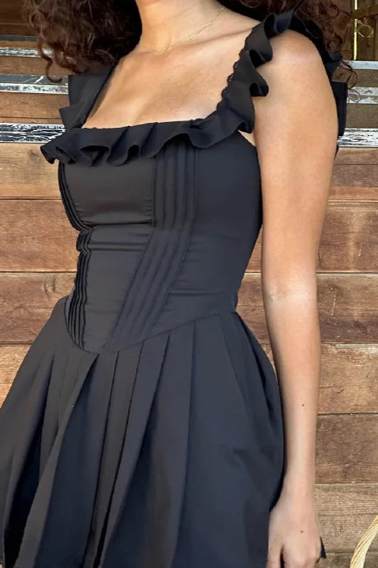 Square Neck Ruffle Trim Corset Bodice Pleated Scalloped Hem Mini Dress 4