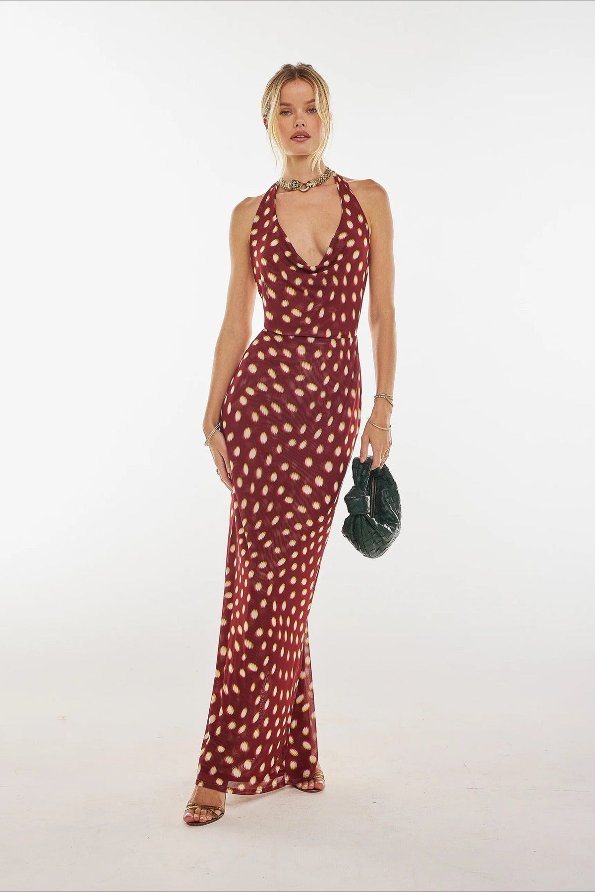 Red Halter Cowl Neck Dropped Waist Gathered Polka Dot Maxi Dress 3