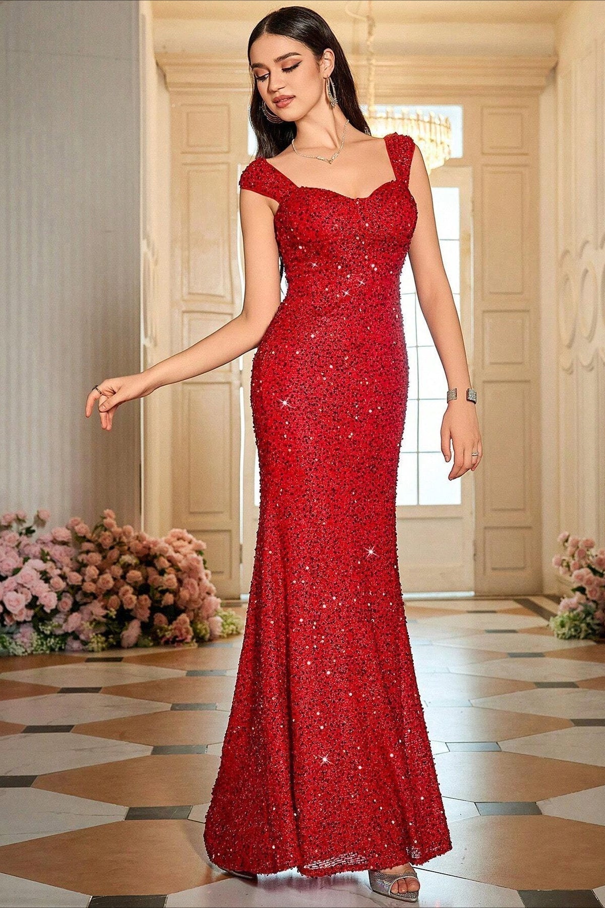 Sequin Embellished Sweetheart Cap Sleeve Mermaid Maxi Gown 17