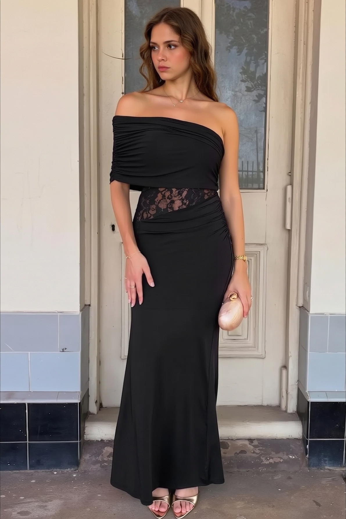 One Shoulder Ruched Wrap Bodice Lace Waist Insert Mermaid Maxi Gown 3