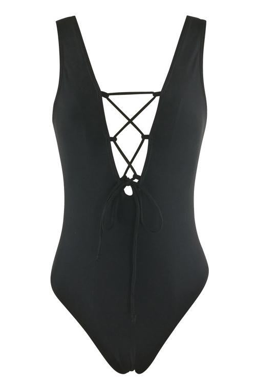 Black Strappy Lace Up Plunge Low Back Sexy One Piece Swimsuit