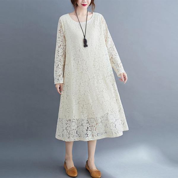 Round Neck Three Quarter Sleeve Floral Lace Overlay Shift Midi Dress 4