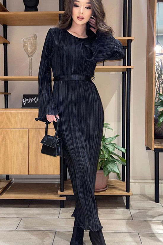 Plisse Round Neck Bell Sleeve Tie Waist Lettuce Hem Maxi Dress