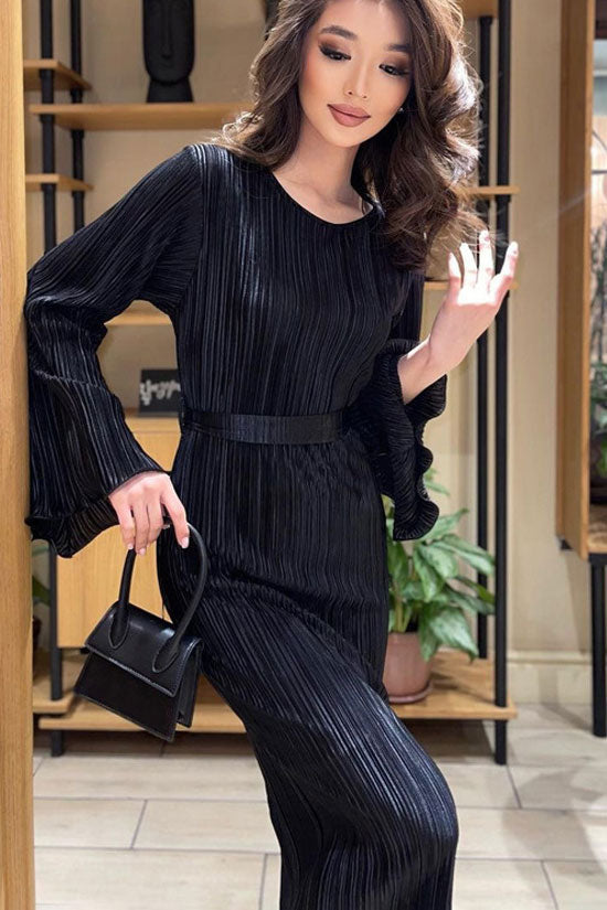 Plisse Round Neck Bell Sleeve Tie Waist Lettuce Hem Maxi Dress 4