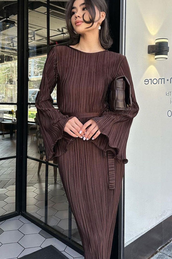 Micro Pleated Metallic Belted Long Sleeve Maxi Dress 2