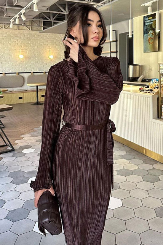 Micro Pleated Metallic Belted Long Sleeve Maxi Dress 3