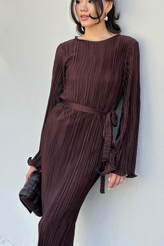 Micro Pleated Metallic Belted Long Sleeve Maxi Dress 4