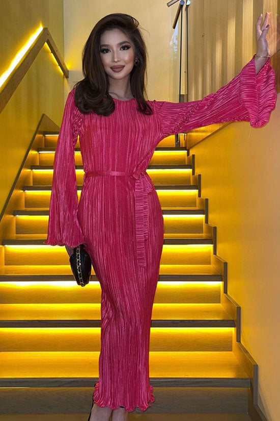 Plisse Round Neck Bell Sleeve Tie Waist Lettuce Hem Maxi Dress