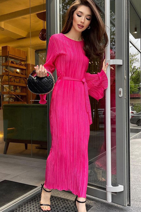 Plisse Round Neck Bell Sleeve Tie Waist Lettuce Hem Maxi Dress 4