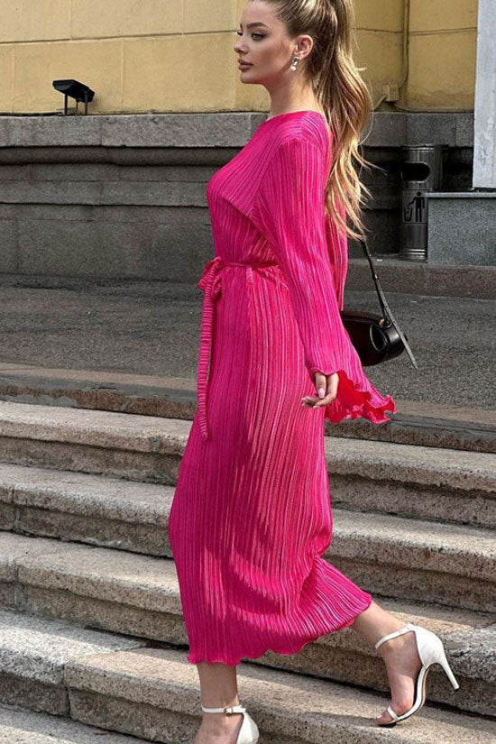 Plisse Round Neck Bell Sleeve Tie Waist Lettuce Hem Maxi Dress 5