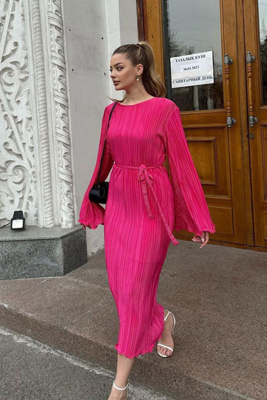 Plisse Round Neck Bell Sleeve Tie Waist Lettuce Hem Maxi Dress 6