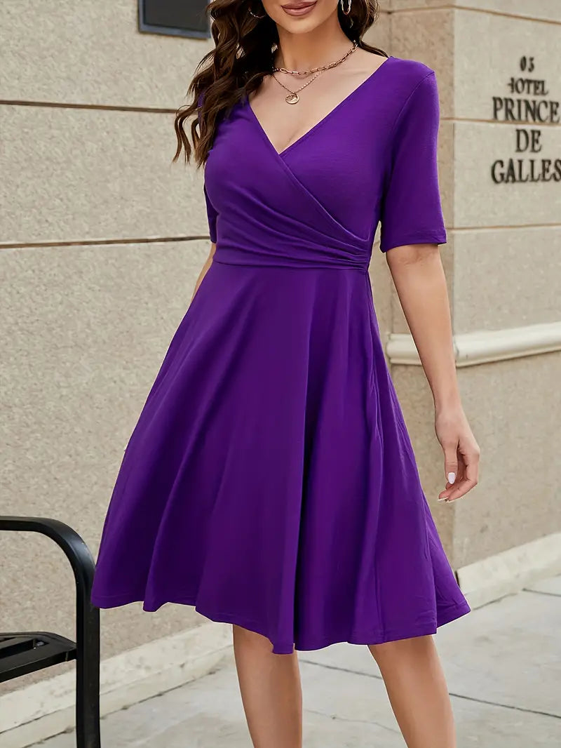 Short Sleeve Surplice V-Neck Fit and Flare Knee-Length Midi Dress 4