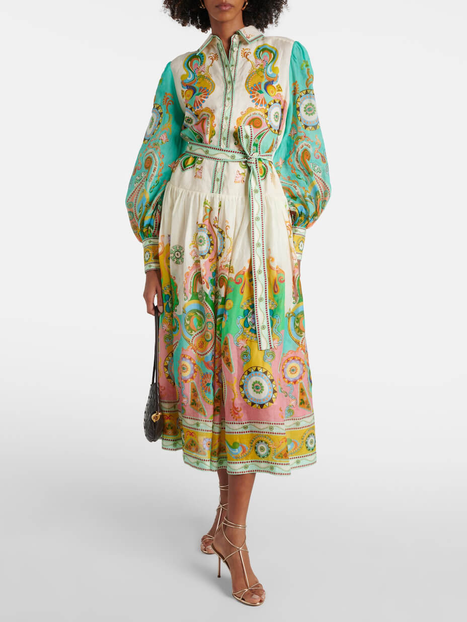 Ornamental Print Puff Sleeve Tie Waist Button Down Shirt Midi Dress 6