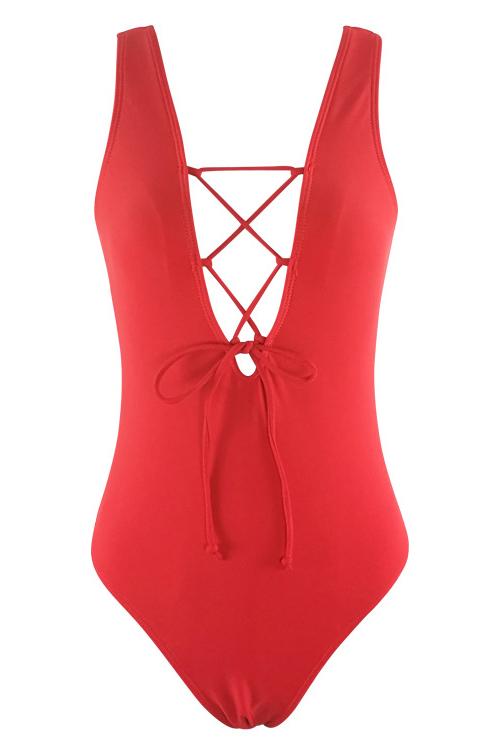 Red Strappy Lace Up Plunge Low Back Sexy One Piece Swimsuit