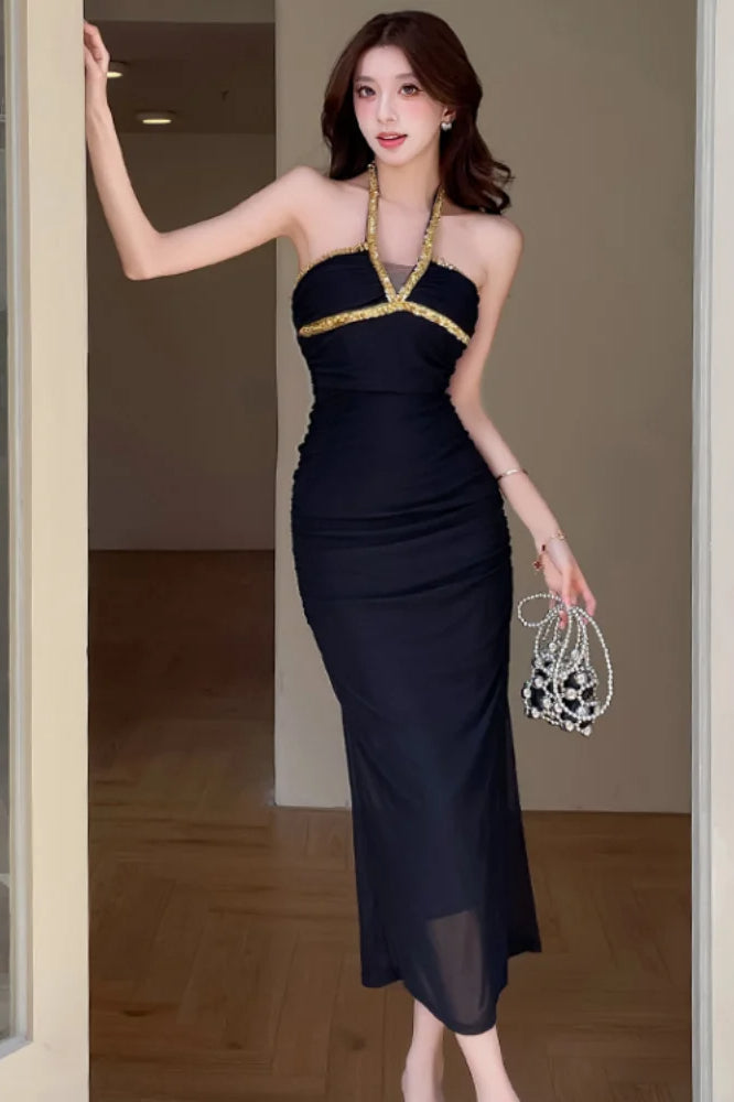 Rhinestone Halter Neck Ruched Gathered Mesh Bodycon Maxi Dress 2