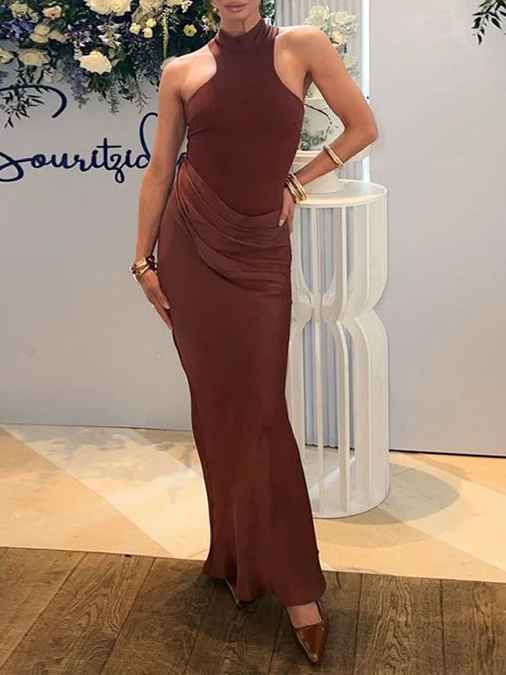 Mock Neck Sleeveless Side Cutout Asymmetric Drape Maxi Gown 5
